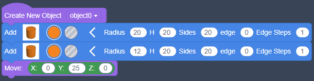 the same code as earlier, with a Move block underneath, the options are X(0), Y(25), Z(0)